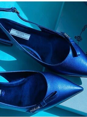 Prada Metallic Electric Blue Pointed-Toe Slingback flats